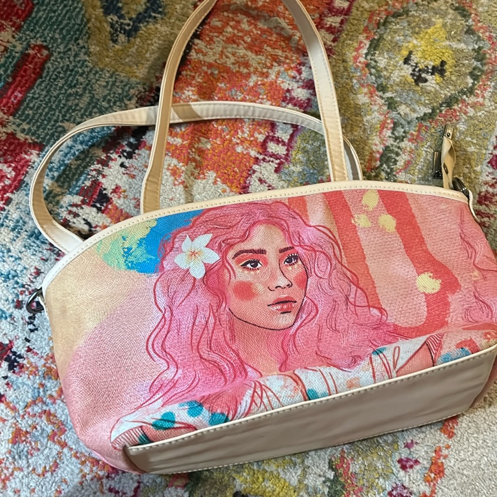 Hot Pink striped Tote / Hand Bag / Satchel. Attachable Crossbody strap. - Picture 3 of 12